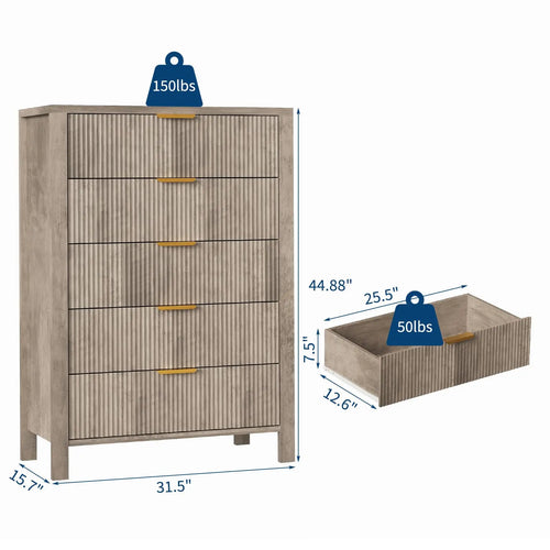 5-Drawer Oak Dresser With Gold Handles