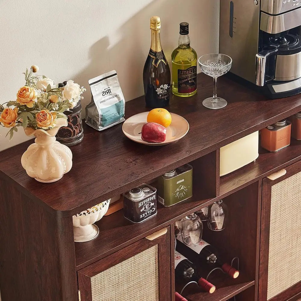 Wine Cabinet with Double Doors, Bohemian Style Liquor Cabinet, Walnut Finish, Suitable for Coffee Bar, Living, Dining Rooms