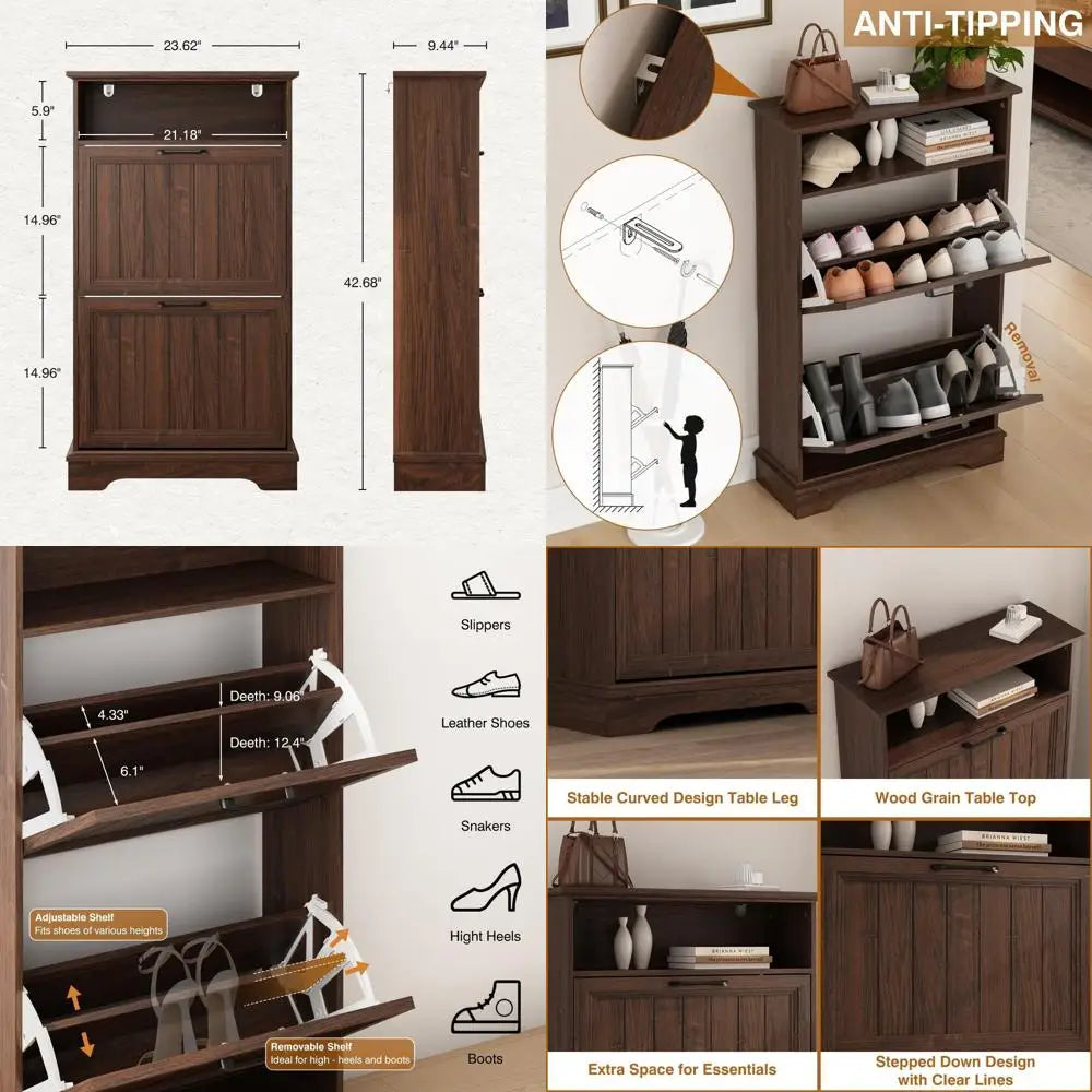 24 Wide Walnut Shoe Storage Cabinet with Adjustable Shelves and Open Storage for Entryway