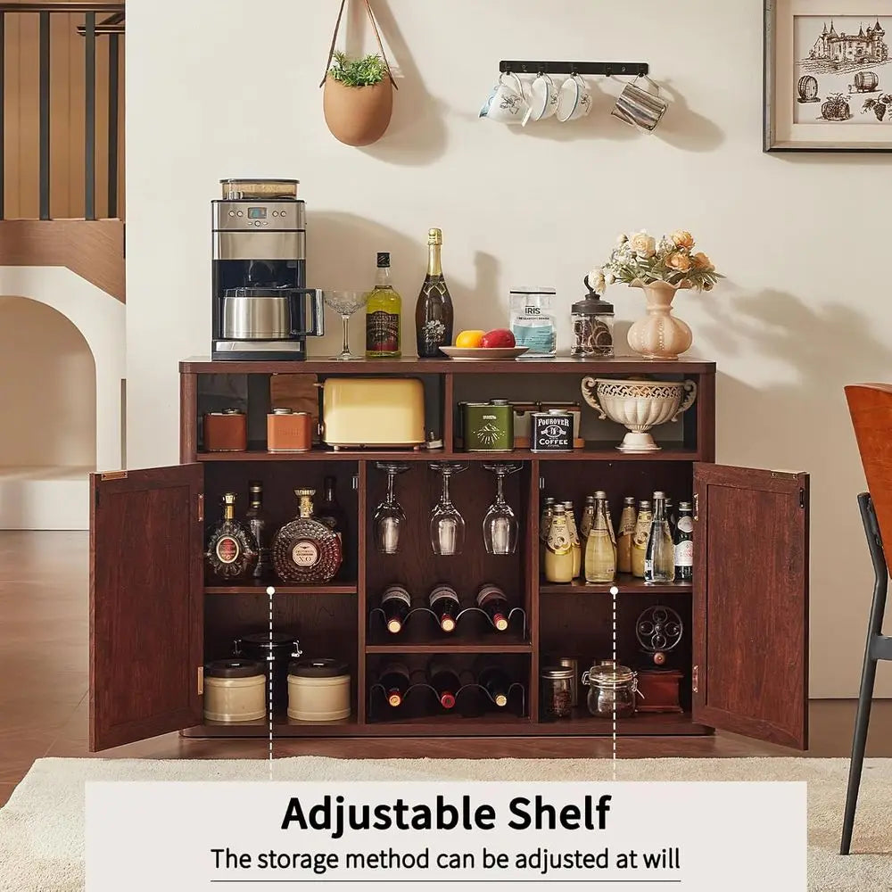 Wine Cabinet with Double Doors, Bohemian Style Liquor Cabinet, Walnut Finish, Suitable for Coffee Bar, Living, Dining Rooms