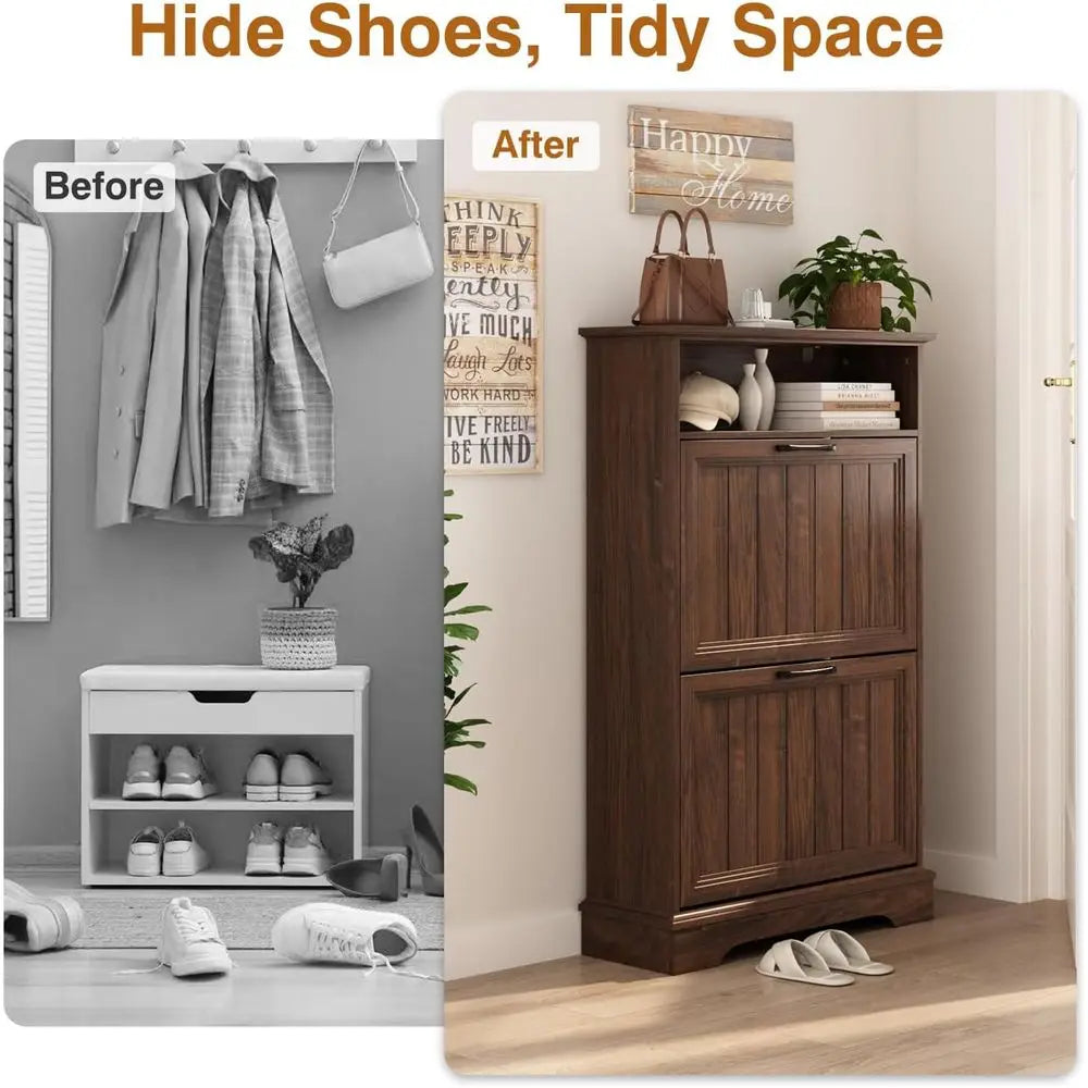 24 Wide Walnut Shoe Storage Cabinet with Adjustable Shelves and Open Storage for Entryway