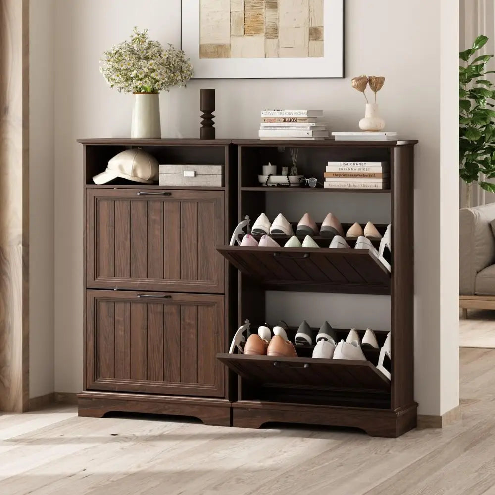 24 Wide Walnut Shoe Storage Cabinet with Adjustable Shelves and Open Storage for Entryway