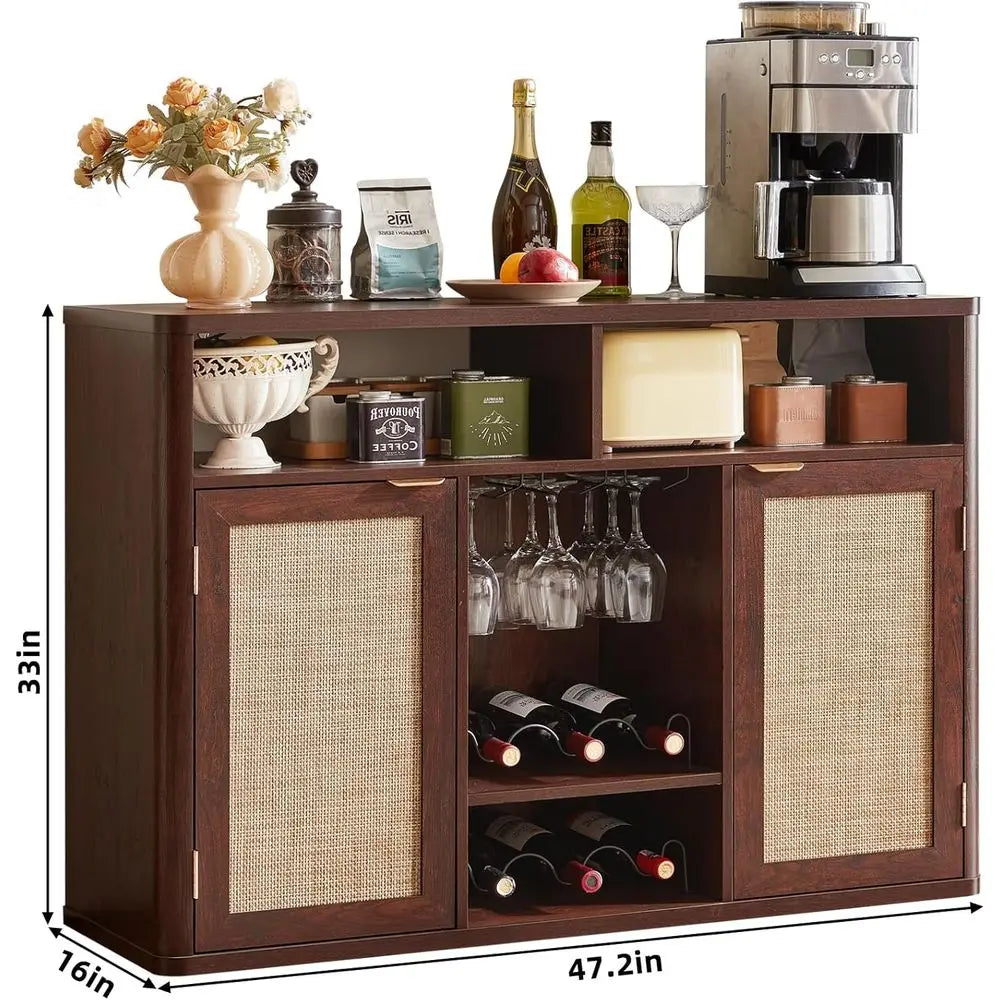 Wine Cabinet with Double Doors, Bohemian Style Liquor Cabinet, Walnut Finish, Suitable for Coffee Bar, Living, Dining Rooms
