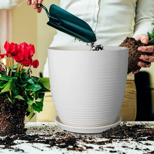 12 Inch Ceramic Planter Pot With Drainage Hole And Saucer, White