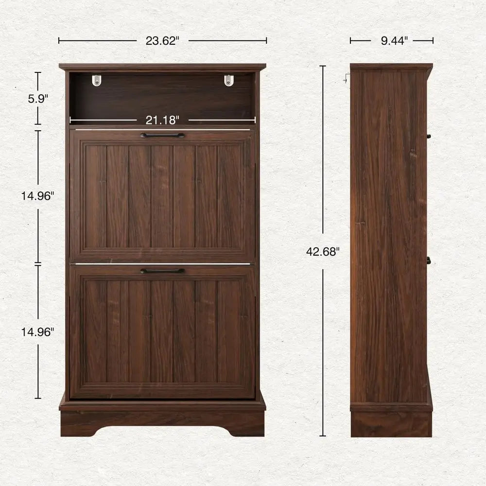 24 Wide Walnut Shoe Storage Cabinet with Adjustable Shelves and Open Storage for Entryway