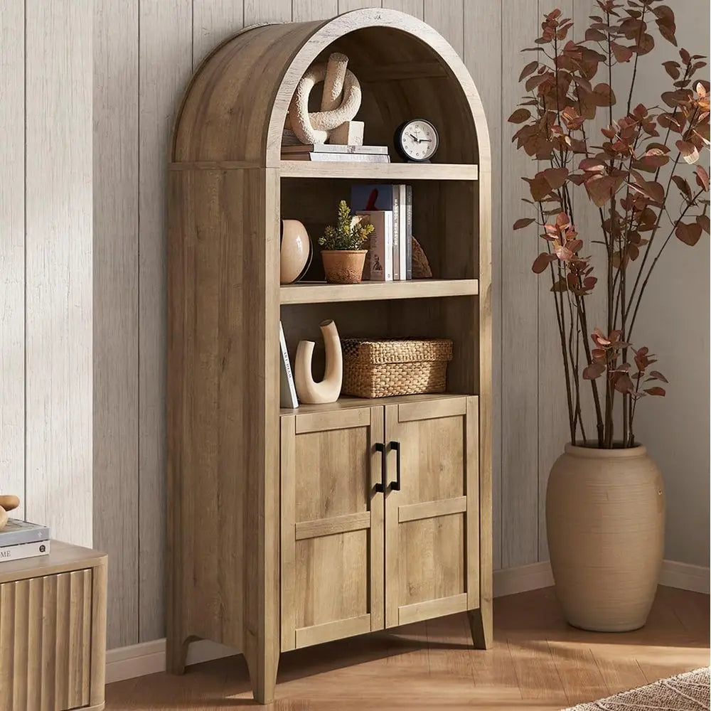 5-Tier Oak Arched Bookcase with Storage