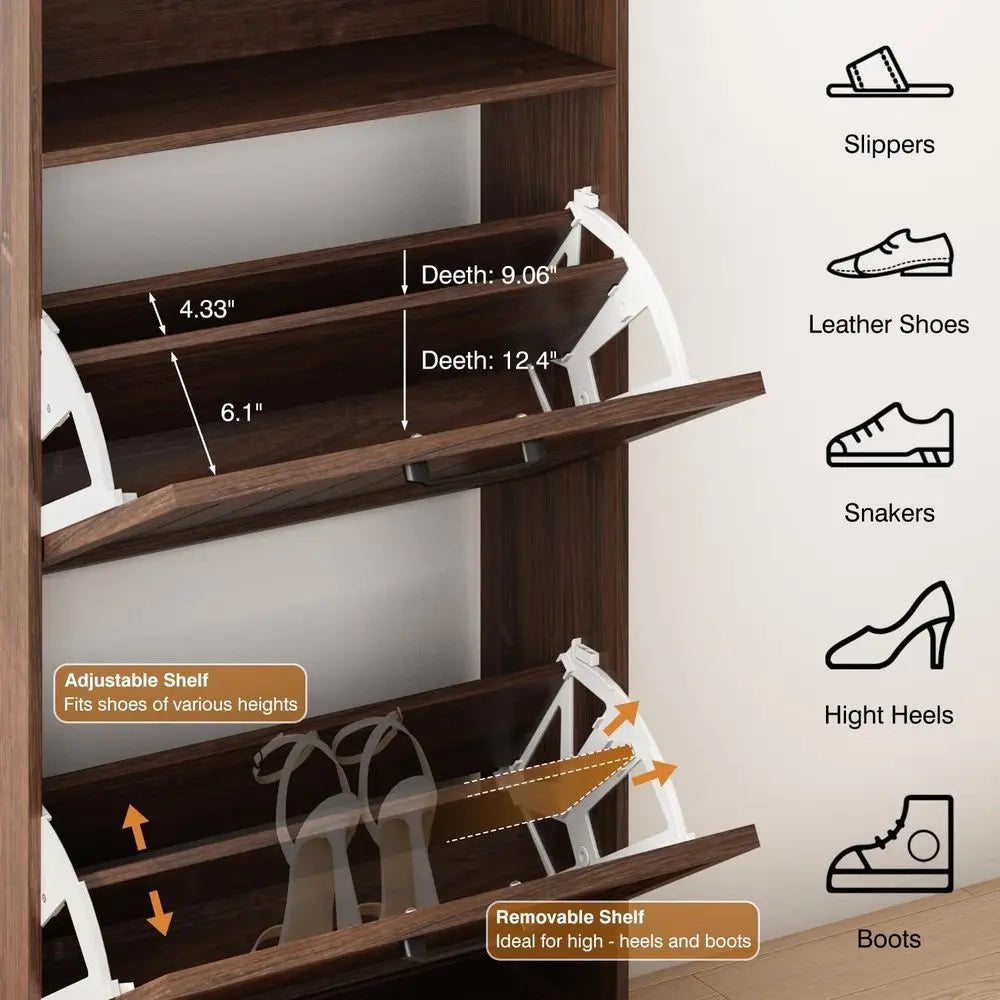 24 Wide Walnut Shoe Storage Cabinet with Adjustable Shelves and Open Storage for Entryway